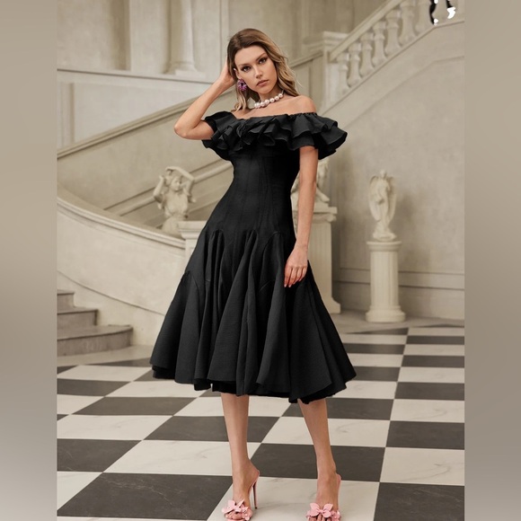 Mew Mews Dresses & Skirts - NWT Mew Mews Gaelthar Off Shoulder Ruffle Midi
Dress In Black Size S